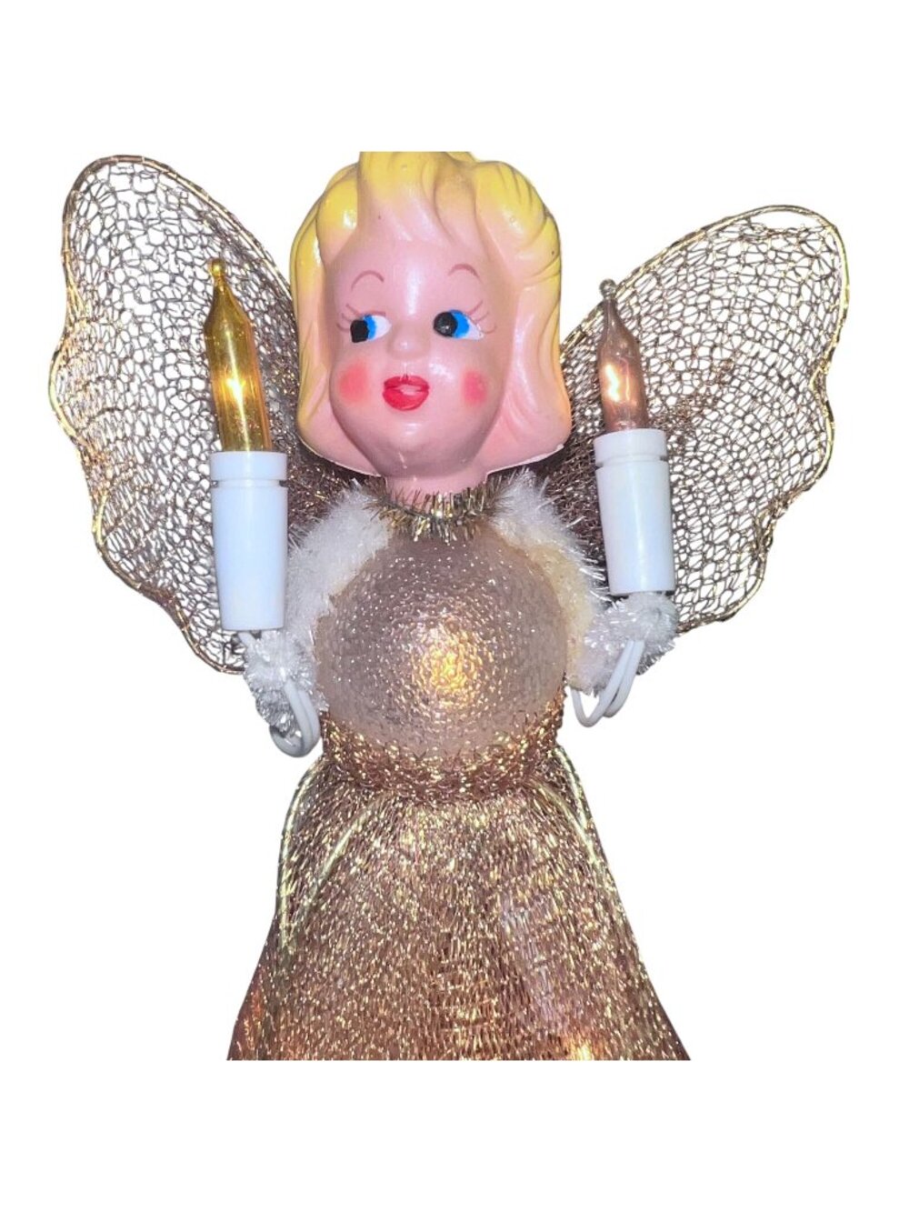 Vintage Bradford 10-Light Angel Tree Topper Gold Mesh Dress & Candle Lights